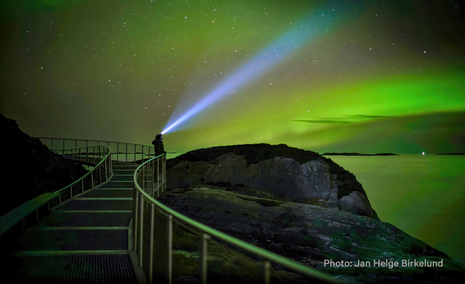 Person on the Atlantic Road shines a light into the sky beneath vivid aurora. Photo: Jan Helge Birkelund.