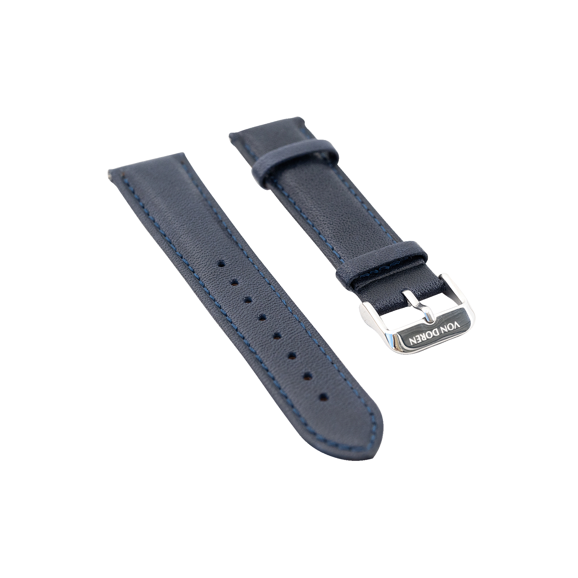 Blå Von Doren lærrem med sølvspenne, vist i to deler mot transparent bakgrunn.