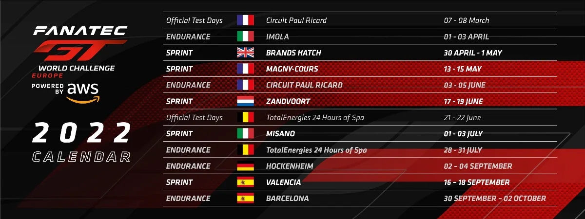 Fanatec GT World Challenge Europe 2022 race calendar showing sprint and endurance events across Europe