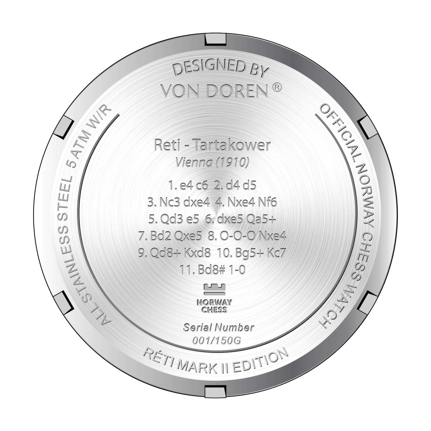 Baklokk på Von Doren Réti Mark II Norway Chess Edition med inngravert sjakkparti og serienummer.