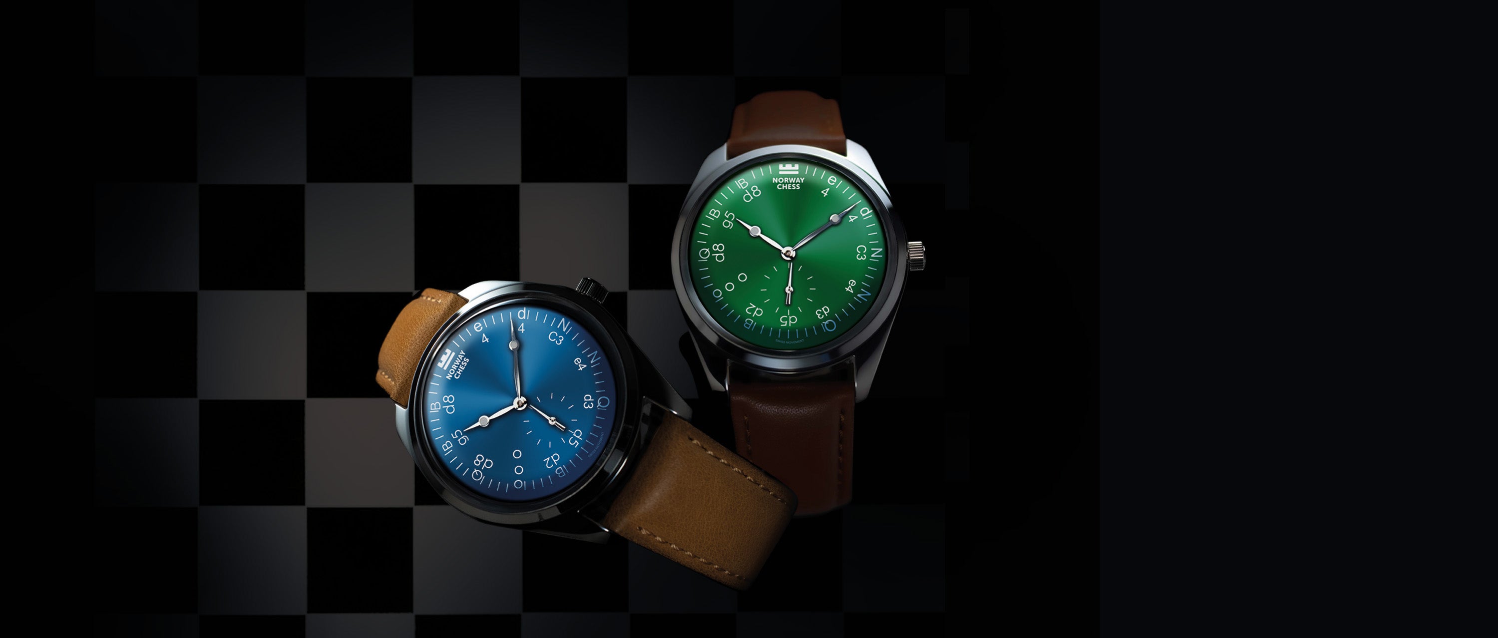 Norway Chess Réti watches in blue and green on a chessboard background.