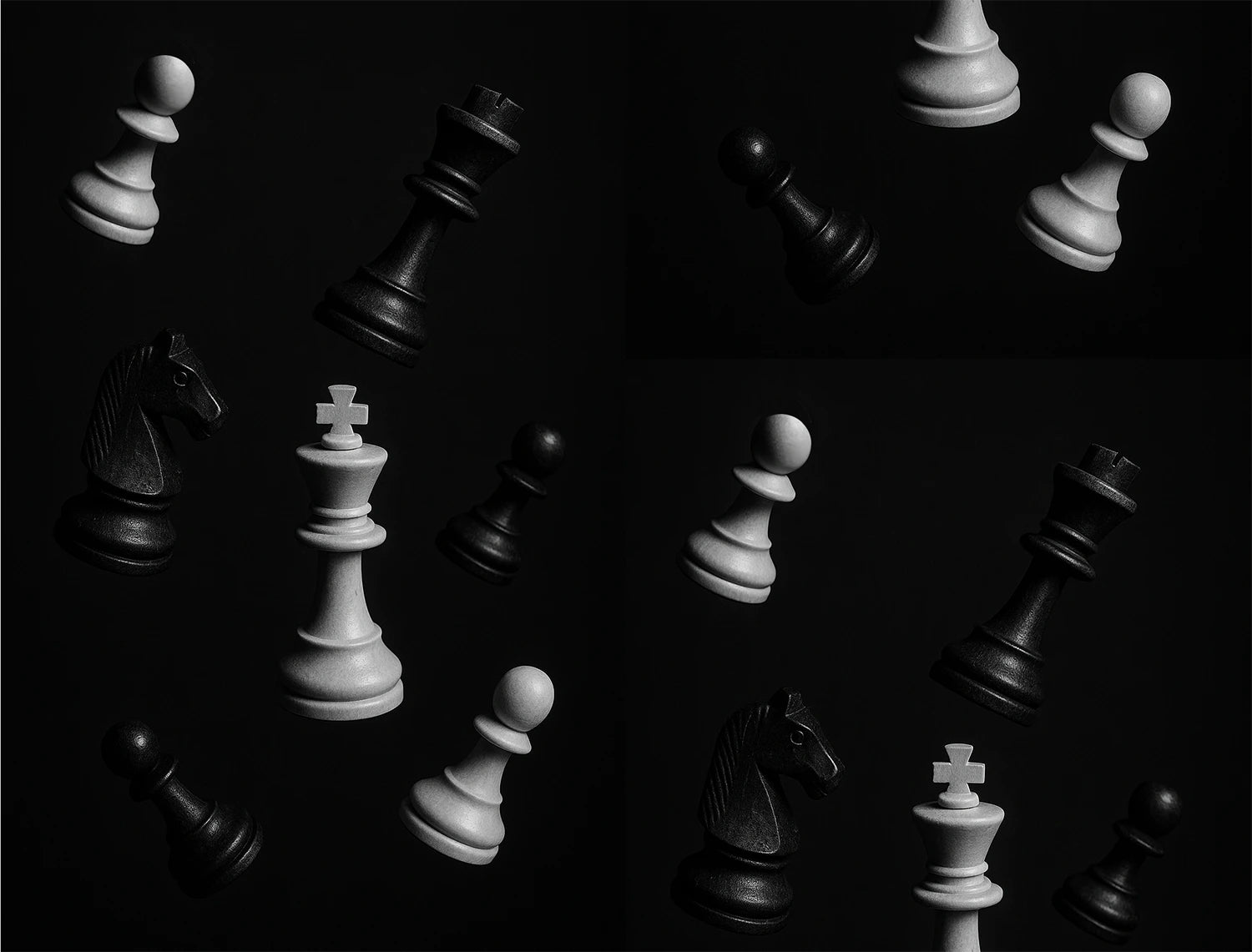 Floating black and white chess pieces against a dark background.