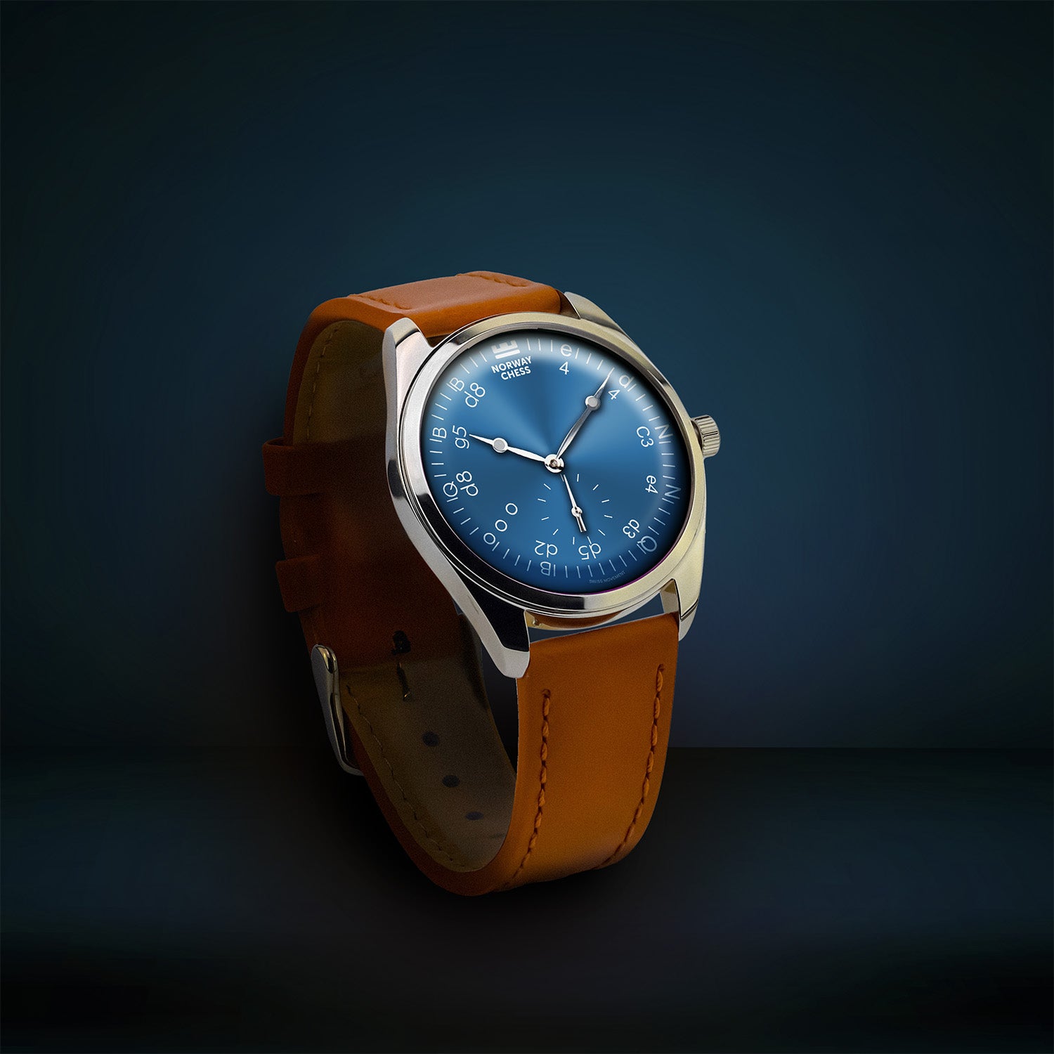 Norway Chess Réti Mark II Blue watch with a brown leather strap against a dark blue background.