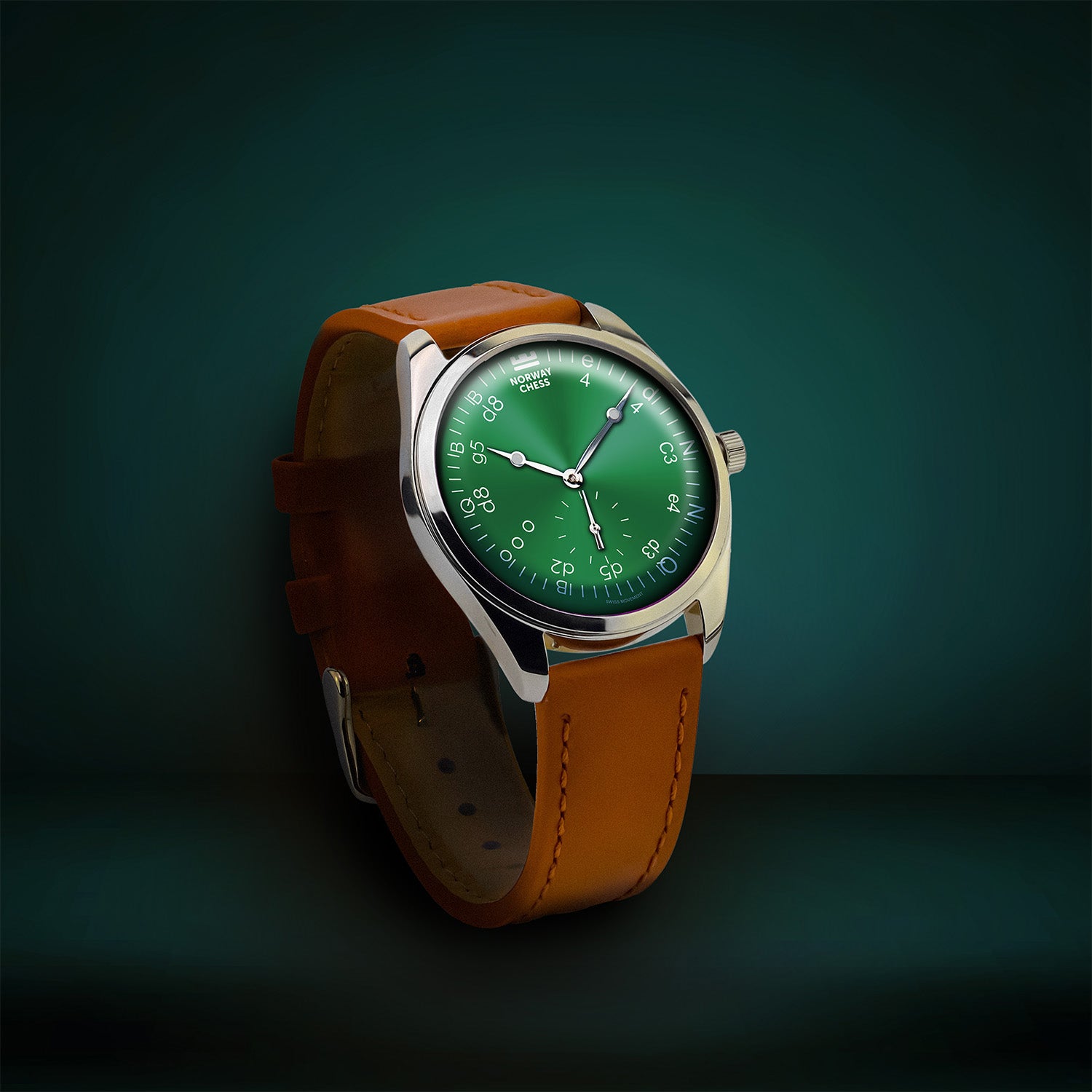 Norway Chess Réti Mark II Green watch with a brown leather strap against a dark green background.